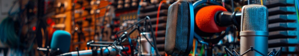 Obraz premium Podcast Enthusiast Recording with Professional Equipment on International Podcast Day, Featuring Live Streaming Setup, Interviews, and Electronic Devices, High-Resolution Wallpaper