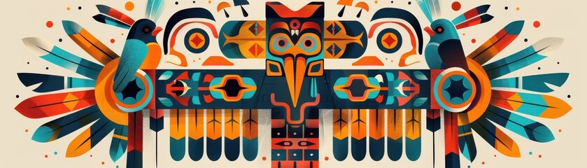 Vibrant abstract vector illustration of tribal bird totem with bold colors, geometric shapes and intricate cultural patterns.