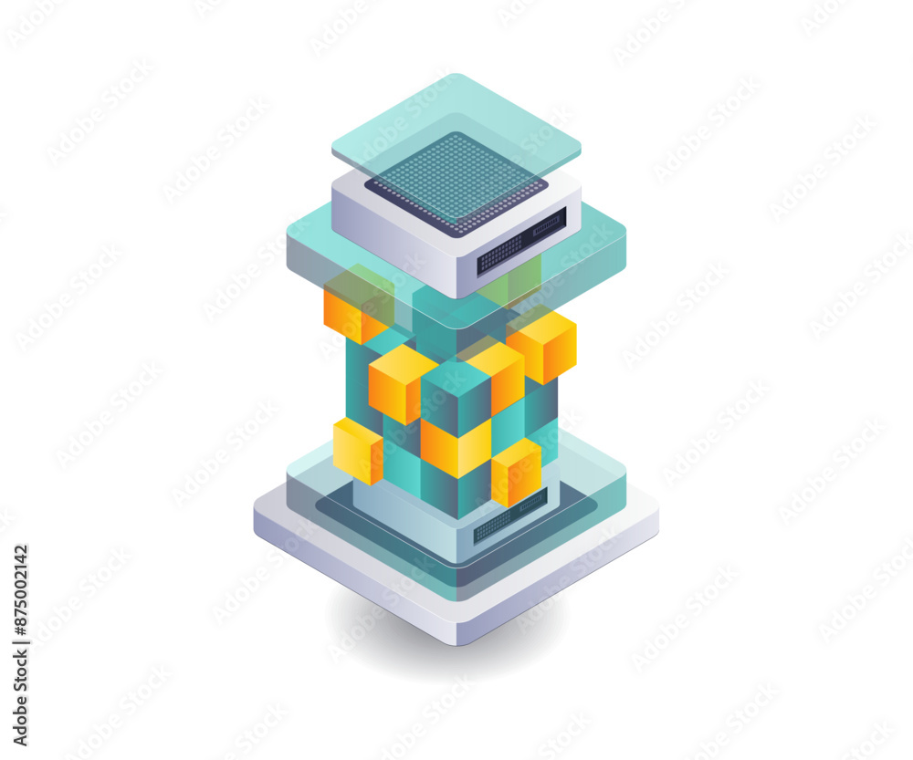 Poster Server technology utilizing blockchain isometric illustration