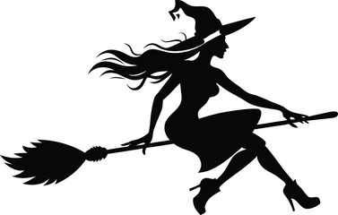 Halloween witch broomstick Vector illustration, Silhouette of a witch flying broomstick isolated on white background.

