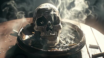 Close-up of an ashtray full of cigarettes butts and a human skull on a wooden table with cigarette smoke. Anti smoking campaign concept