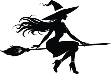Halloween witch broomstick Vector illustration, Silhouette of a witch flying broomstick isolated on white background.
