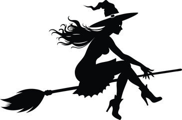 Halloween witch broomstick Vector illustration, Silhouette of a witch flying broomstick isolated on white background.
