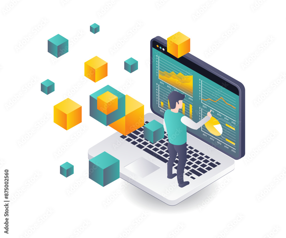 Poster Workers analyzing business data in blockchain technology