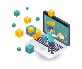 Workers analyzing business data in blockchain technology