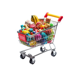 Shopping cart full of groceries isolate on transparent png.
