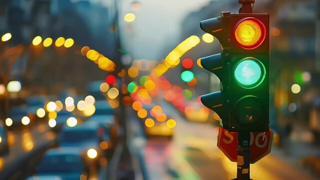 A city crossing with a semaphore. Green light in semaphore