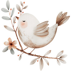Little watercolor pastel bird with floral branch