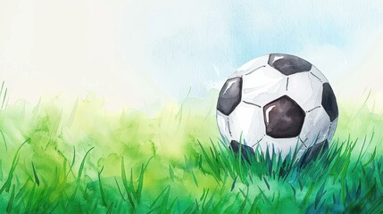 Vibrant watercolor soccer ball on grass field in stadium.