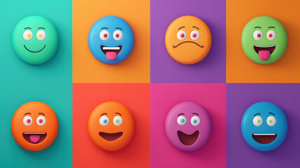Colorful flatstyle emoji emoticon reactions icon set for a whimsical and humorous touch to creative projects.