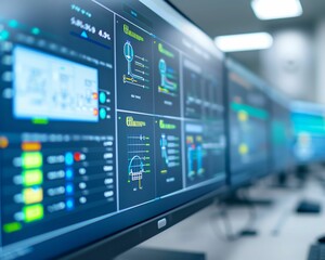 Naklejka premium A row of computer monitors displaying data and graphs in a modern office setting.