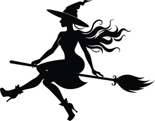Halloween witch broomstick Vector illustration, Silhouette of a witch flying broomstick isolated on white background.
