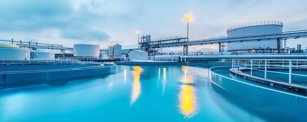Industrial water treatment facility with blue water reflecting sky.
