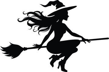 Fototapeta premium Halloween witch broomstick Vector illustration, Silhouette of a witch flying broomstick isolated on white background. 