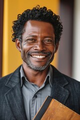 Fototapeta premium Portrait of a smiling man in a blazer, holding a brown leather-bound book