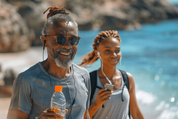 Happy senior African American couple walking on the beach after exercise smiling and listening to music together