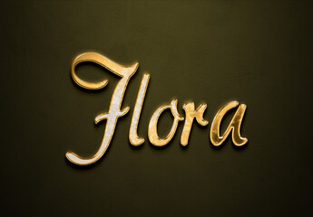 Old gold text effect of French name Flora with 3D glossy style Mockup.