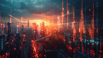 Fototapeta premium A futuristic cityscape at dusk, with holographic financial charts glowing above skyscrapers