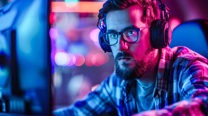 A young man wearing headphones and glasses is intently focused on a computer screen in a brightly lit room
