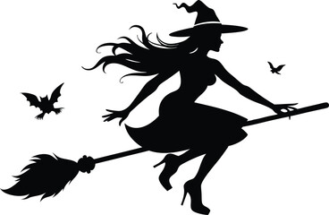 Halloween witch broomstick Vector illustration, Silhouette of a witch flying broomstick isolated on white background.

