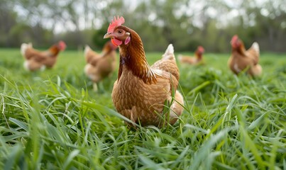 Brown Hens Foraging in Grass on a Free Range Chicken Farm,  Generative AI