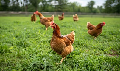 Fototapeta premium Brown Hens Foraging in Grass on a Free Range Chicken Farm, Generative AI