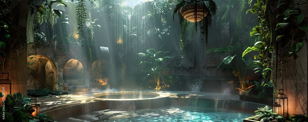 Wall mural Sunbeams shining through lush greenery in an indoor jungle oasis with pool