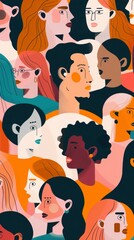 A colorful illustration of many people looking right