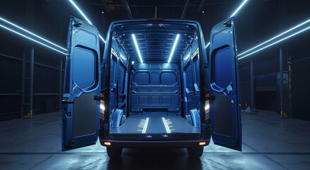 Empty delivery van waiting to be loaded with packages inside a warehouse