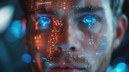 Close-up of a businessman using facial recognition for biometric authentication to access secure financial data