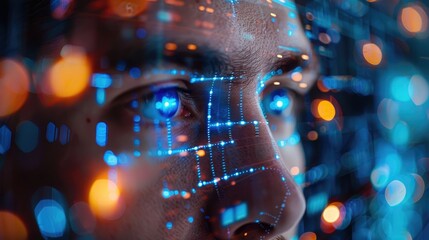 Close-up of a businessman using facial recognition for biometric authentication to access secure financial data