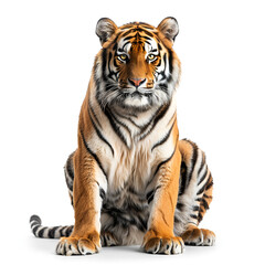 Fototapeta premium A tiger sitting gracefully on a white background.