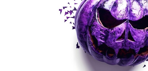 Experience a spooky Halloween with vibrant pumpkins, fluttering bats, and colorful ghosts. An empty space in the center creates a perfect eerie atmosphere. purple and black pumpkin white background 