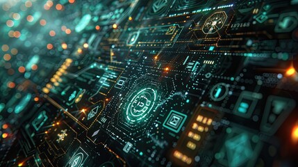 Digital interface with icons of cryptocurrency coins and financial symbols floating in cyberspace
