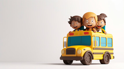 3d Cartoon children riding a school bus 