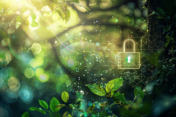 Cybersecurity and environmental conservation concept, featuring a hologram of a padlock icon at the center, with a background of nature and ecosystems