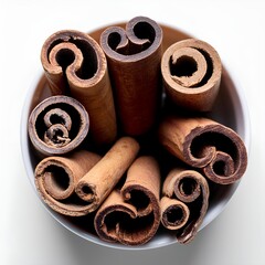 Cinnamon sticks isolated on white background, top view, flat lay