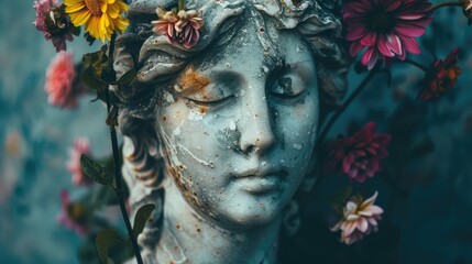 Statue head with flowers as mental health concept Stress free with space for text