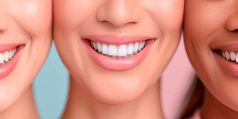 Obraz premium Close-up of a woman's perfect white smile on a blue background. Suitable for dental clinics, wellness businesses, healthcare, beauty, and spa industries. Concept of dental health, beauty, and well