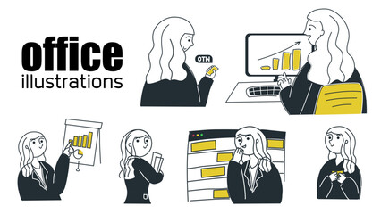 Office woman performing various office tasks and activities