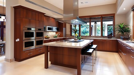European style kitchen with elegant dark wood cabinetry, marble backsplash, and a central island, copy space for text, sharp focus and clear light, high clarity no grunge, splash, dust, noise