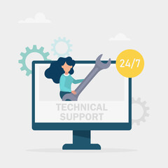 Technical support concept. People advise clients and solve technical problems. Online customer service. Vector illustration.
