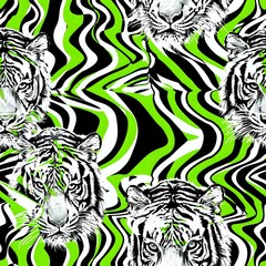 Obraz premium Black and White Tiger Seamless Pattern on Green Zebra Print