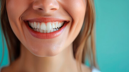 Obraz premium Close-up of a woman's perfect white smile on a blue background. Suitable for dental clinics, wellness businesses, healthcare, beauty, and spa industries. Concept of dental health, beauty, and well