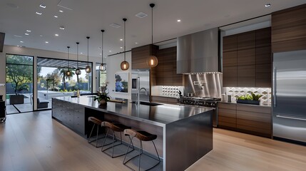 A modern European kitchen with dark wood cabinets and stainless steel countertops. Pendant lights hang above a kitchen island with bar stools, and a geometric backsplash adds a touch of pattern