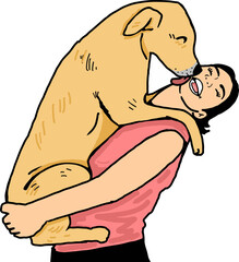 A dog is happily licking a girl's face on vacation.