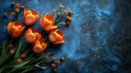 Vibrant orange tulips against a dark blue background. Isolated on a solid color background. Perfect for spring and summer designs. Use for websites, social media, and print.
