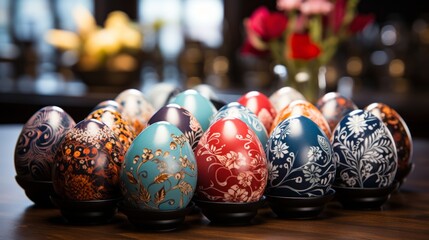 Colorful hand painted Easter eggs on a table with a blurred background of flowers