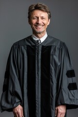 Fototapeta premium Portrait of a smiling man in a black graduation gown with black velvet trim, looking at the camera