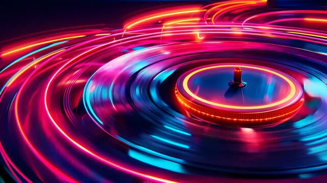 Vibrant neon spinning record with colorful light trails